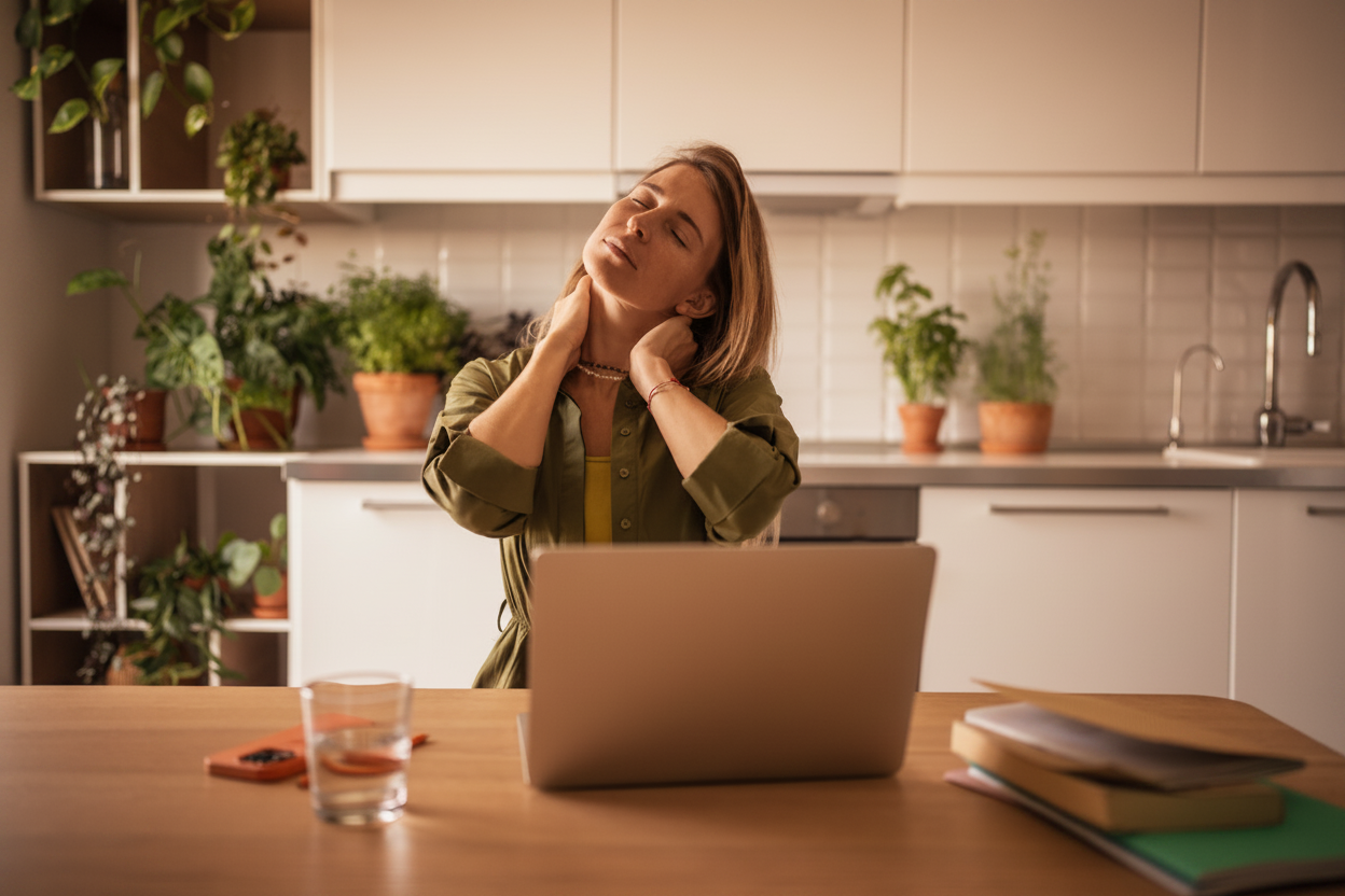 Frau mit Rückenschmerzen bei der Arbeit am Schreibtisch