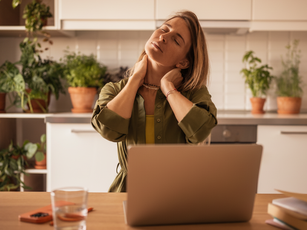 Frau mit Nackenschmerzen am Laptop in der Küche